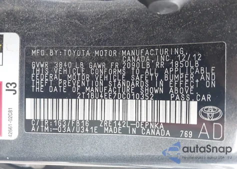 2013 Toyota Corolla Le z USA, uszkodzony, nr VIN 2T1BU4EE7DC010352